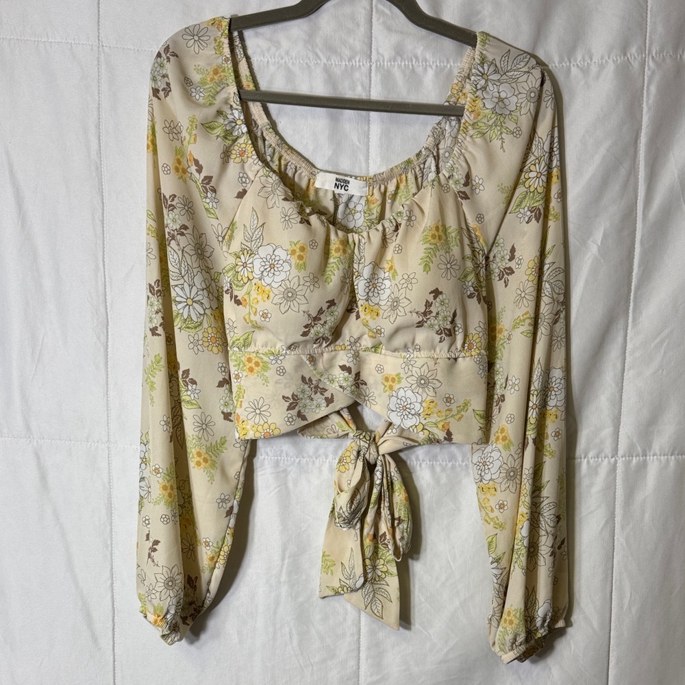 Madden NYC Floral Tie Back Crop Top XL Long Sleeve Cottagecore Boho